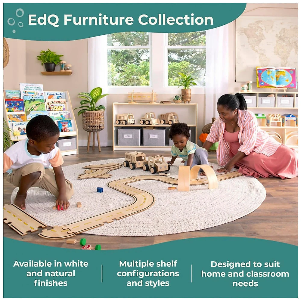 Estante baixa Guidecraft EdQ Two Shelf Open Storage 30" Branca com 2 prateleiras abertas e 3 caixas de tecido 107cm