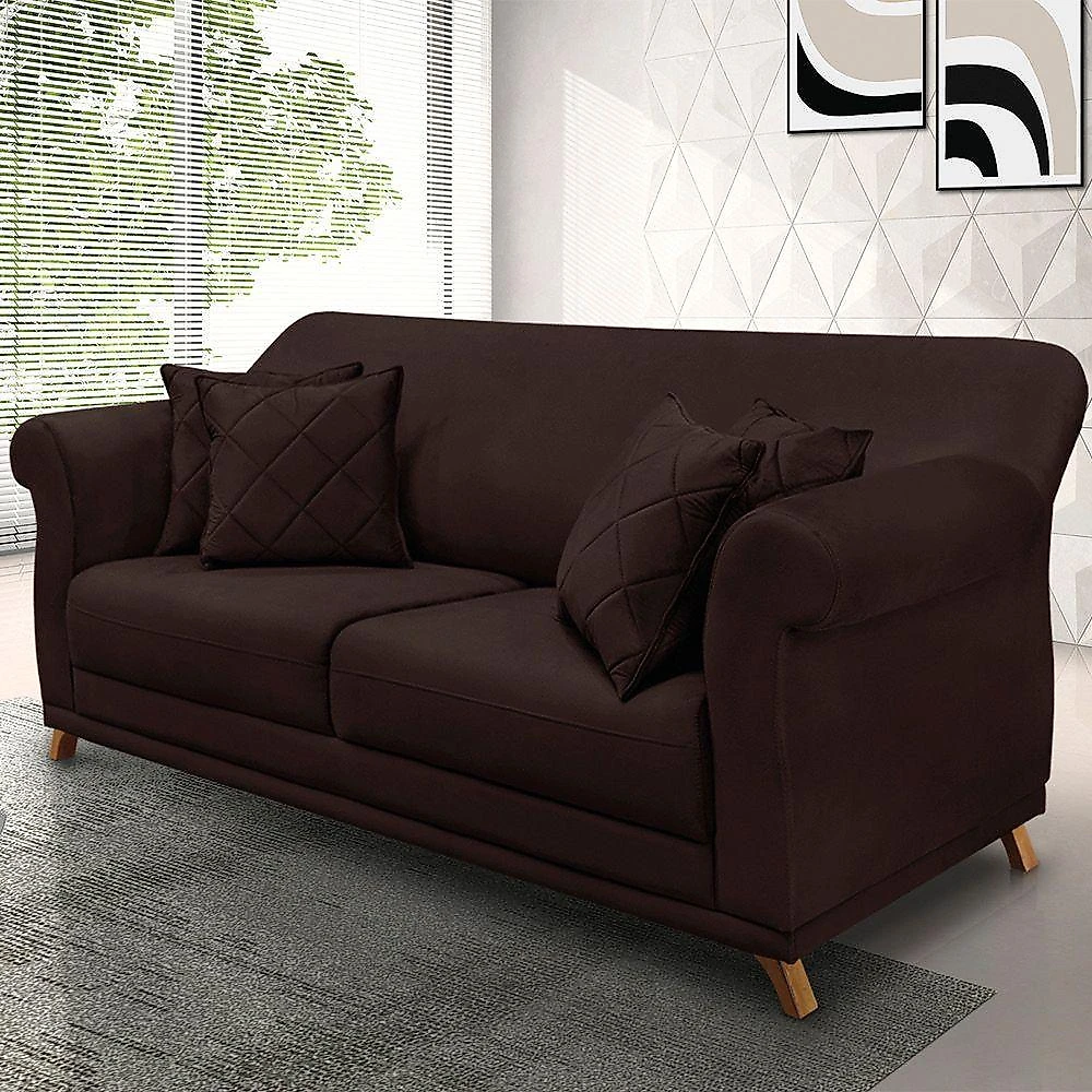 Sofá 3 Lugares Pé De Madeira Julieta 220 Cm Suede Café S04 - D'rossi