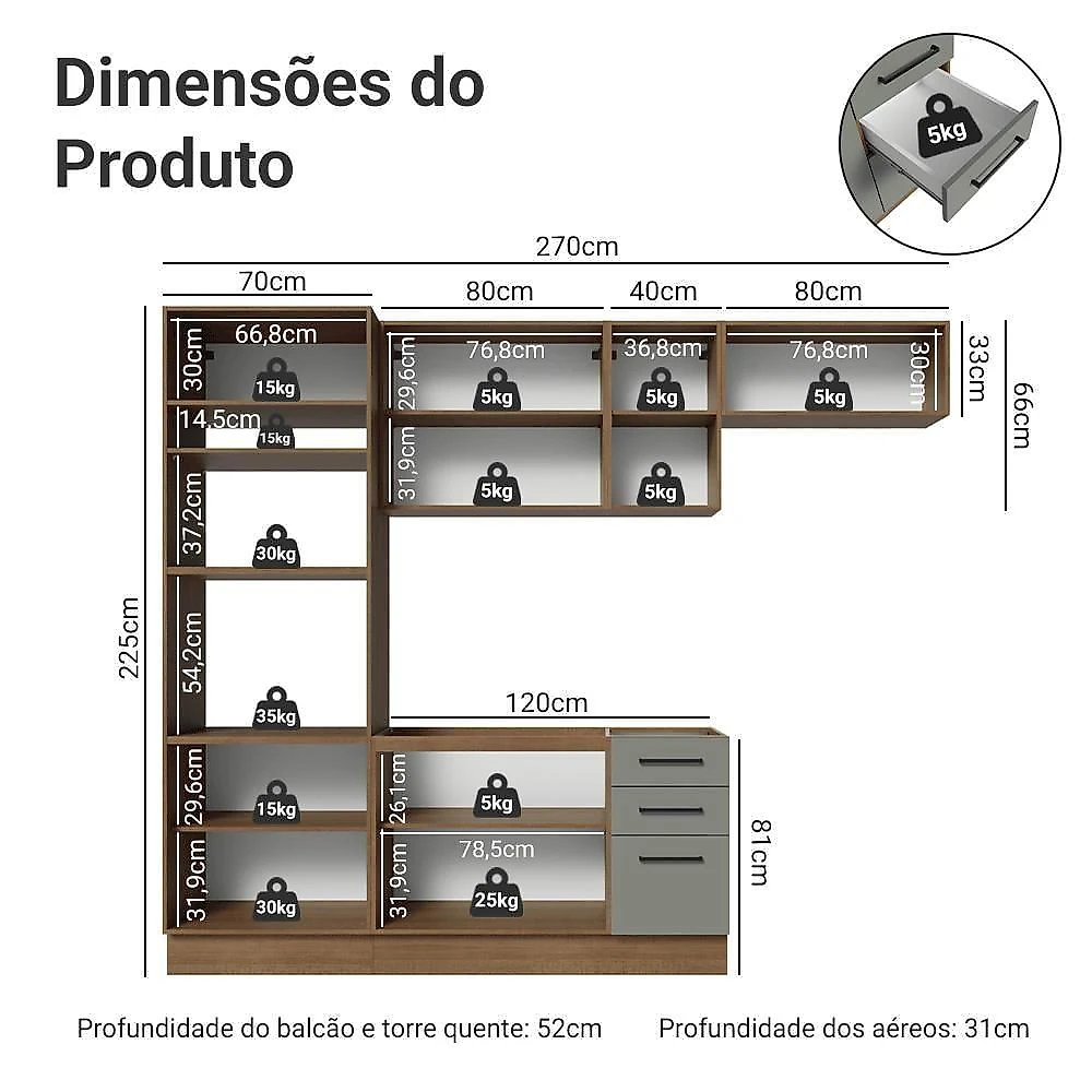 Cozinha Completa Agata 9 Portas 3 Gavetas MDP 270CM Cinza Madesa