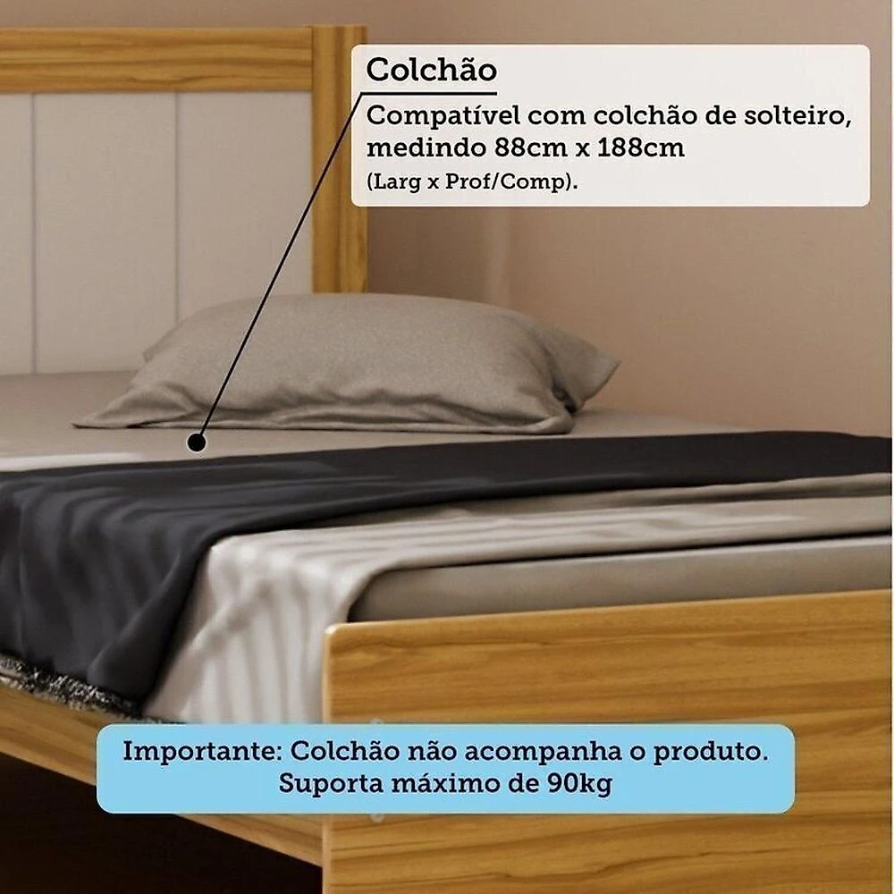 Quarto Infantil com Cama Cômoda 3 Gavetas e 2 Nichos Margo 100% MDF Branco Brilho/Amêndoa