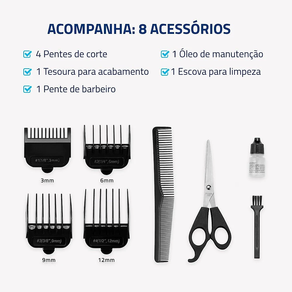 Cortador de Cabelo Titanium Power, 8 Acessórios CR09M Mondial Azul/Prata - 110V
