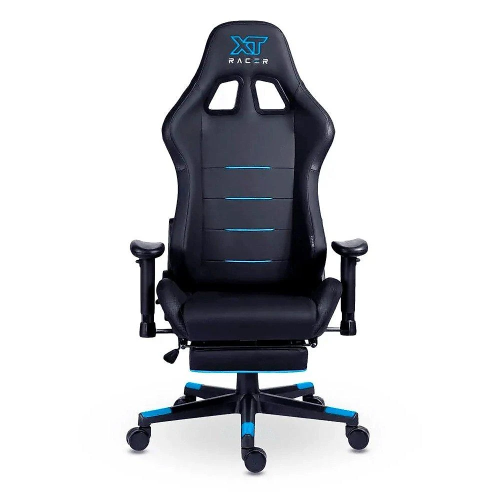 Cadeira Gamer XT Racer Attack, Até 120Kg, Reclinável, Apoio de Pés Retrátil, Cilindro de Gás Classe 4, Couro PU, Preta e Azul - XTR-058