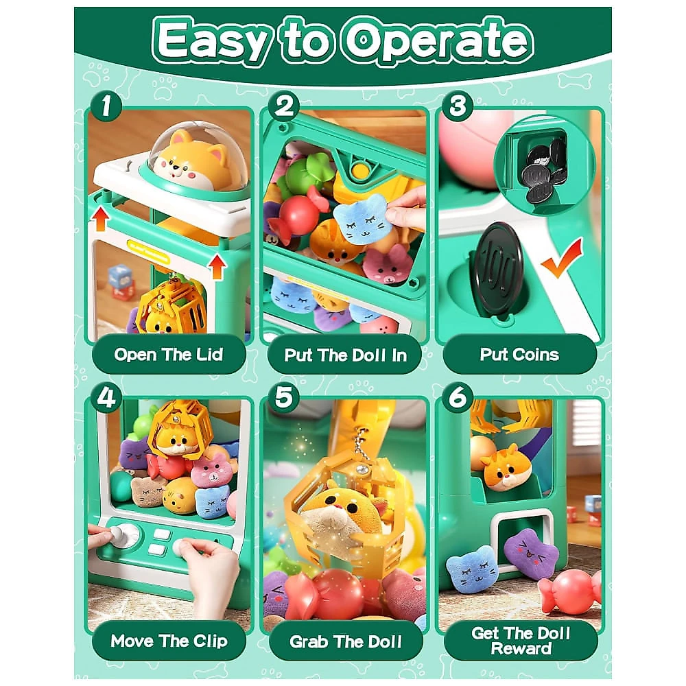 Máquina de Garra Infantil Jovow Doggy Green, Mini Arcade Eletrônica com Música e 30 Brinquedos, Prêmio e Diversão para Festas e Crianças
