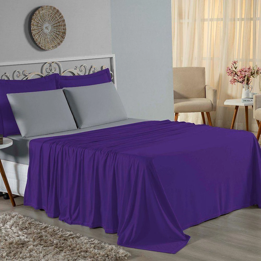 Jogo De Cama Casal Viúva Nobre 4 Peças Malha 100% Algodão - Roxo / Cinza