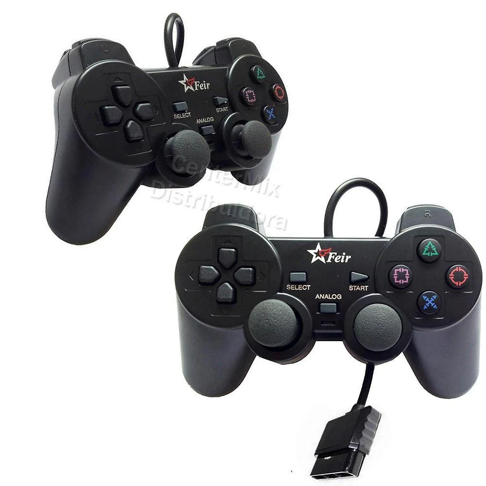 Kit 2 Controle Joystick Game PS1 PS2 Play 2 Com Fio Vibração