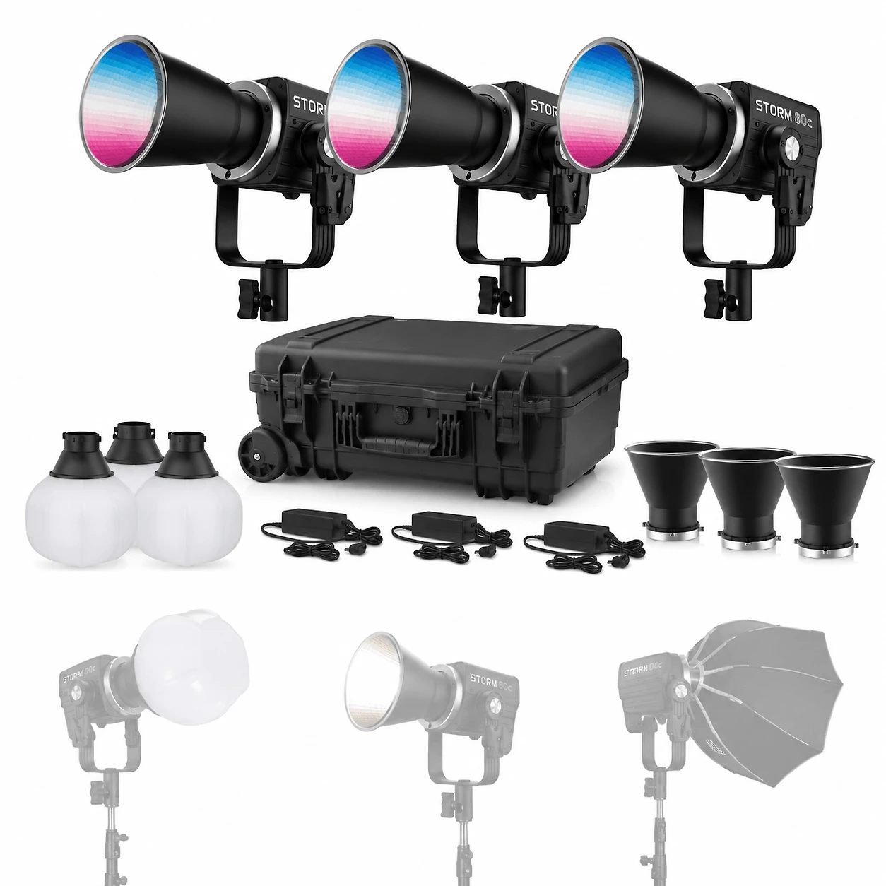 Kit 3 Iluminadores LED Aputure STORM 80c BLAIR-CG Full Color 80W IP65 e Case (Bivot)