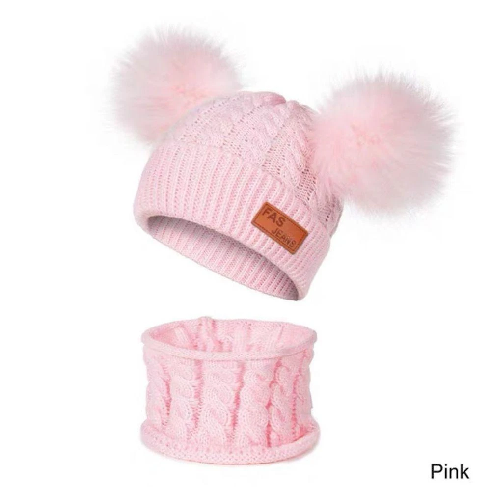 Kit Infantil Touca e Cachecol Bebê com Pompom Acrílico Inverno Rosa OEM