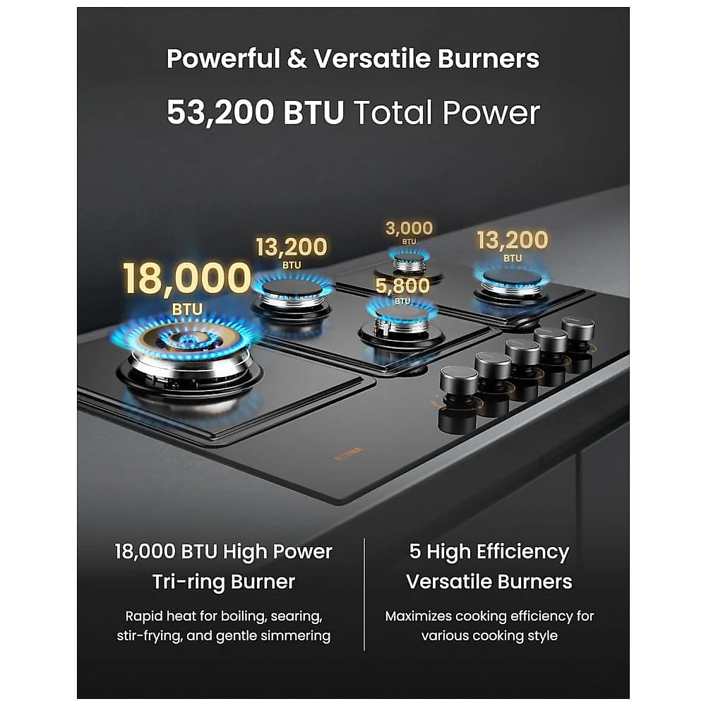 Cooktop a gás 5 queimadores Fotile vidro temperado preto queimador triplo 18.000 BTU layout em losango 110V