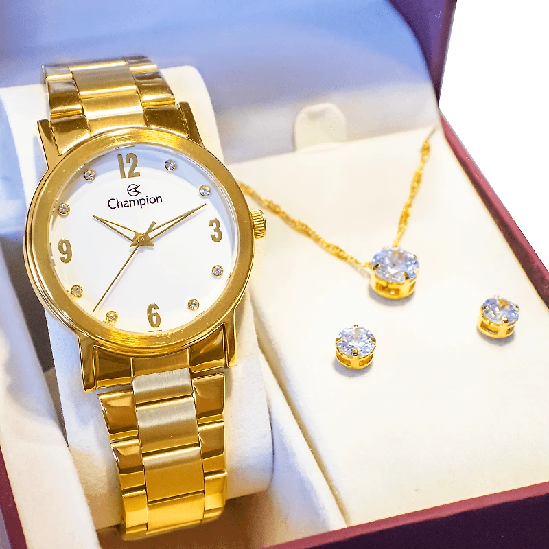 Kit Relógio Feminino Champion Dourado Prova D'água 50 metros CN29025W Colar e Brincos