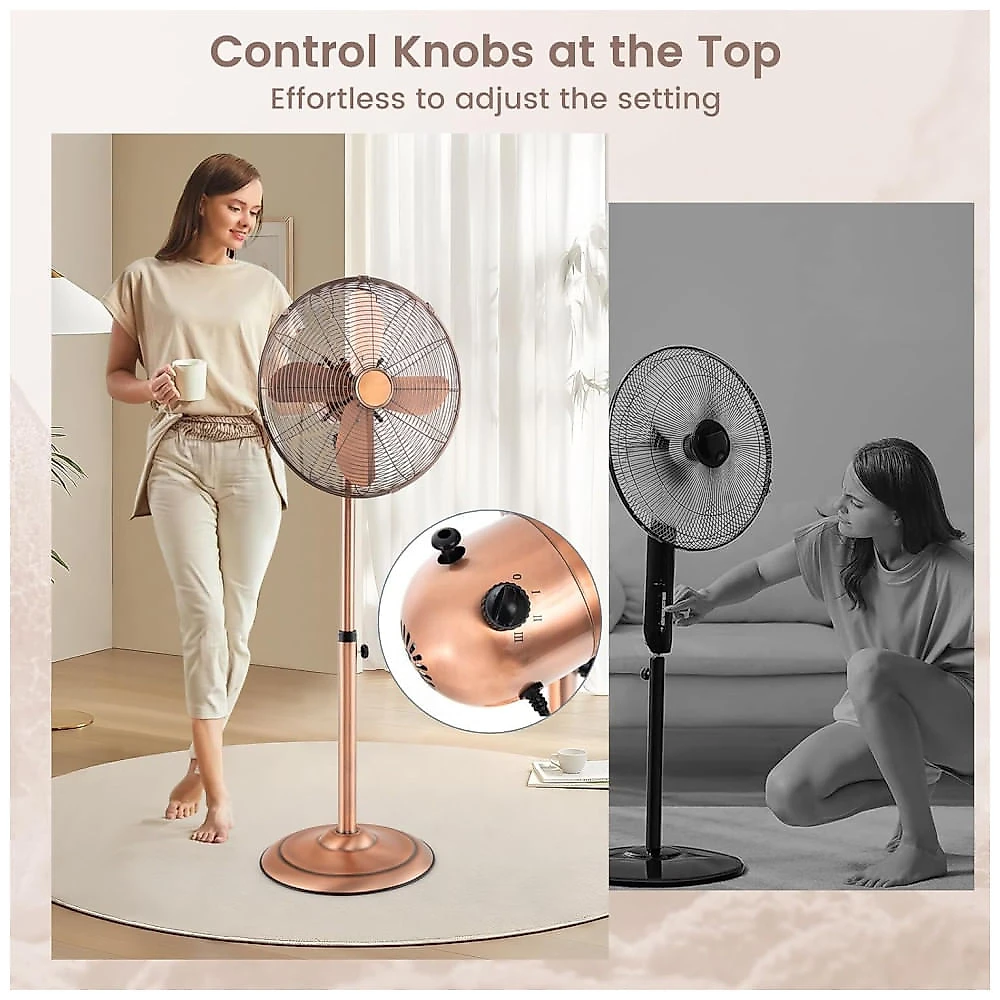 Ventilador de Pedestal Oscilante de Metal, Silencioso e Potente, com 3 Velocidades e Ajuste de Altura, 110V, COSTWAY, Cobre 110v