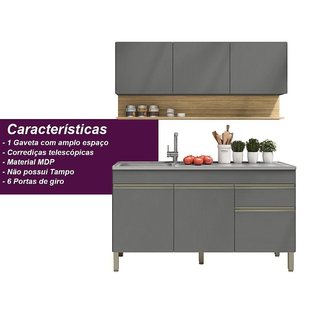 Kit Balcão De Pia Sem Tampo E Aereo 150 Cm 6 Portas 1 Gaveta Madrid - Gris/gris/cp-freijó