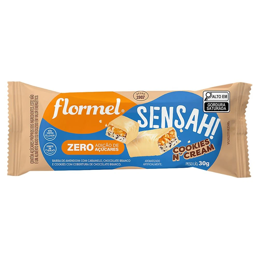 Barra de Amendoim Flormel Sensah! Cookies n'Cream com Cobertura de Chocolate Branco 30g