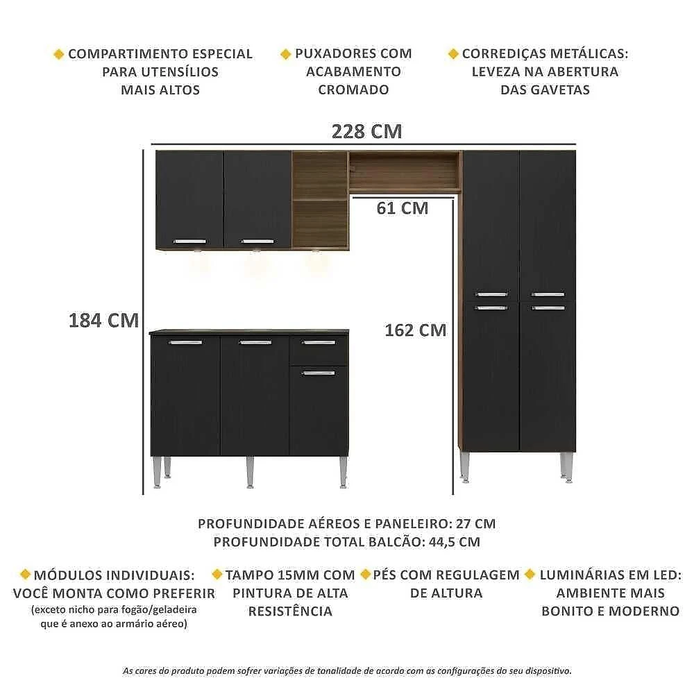 Cozinha Compacta C/ 3 Leds 3 Pçs Pequim Multimóveis V3413 Nogueira/Preta Nogueira/Preto