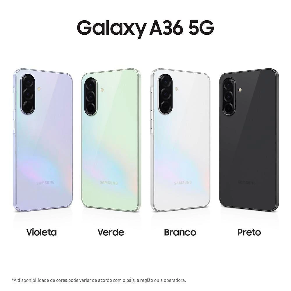 Smartphone samsung galaxy a36 5g violeta 128gb, 6gb ram, câmera tripla até 50mp, tela super amoled 6.7", ip67, nfc, recursos ai e snapdragon 6 gen 3