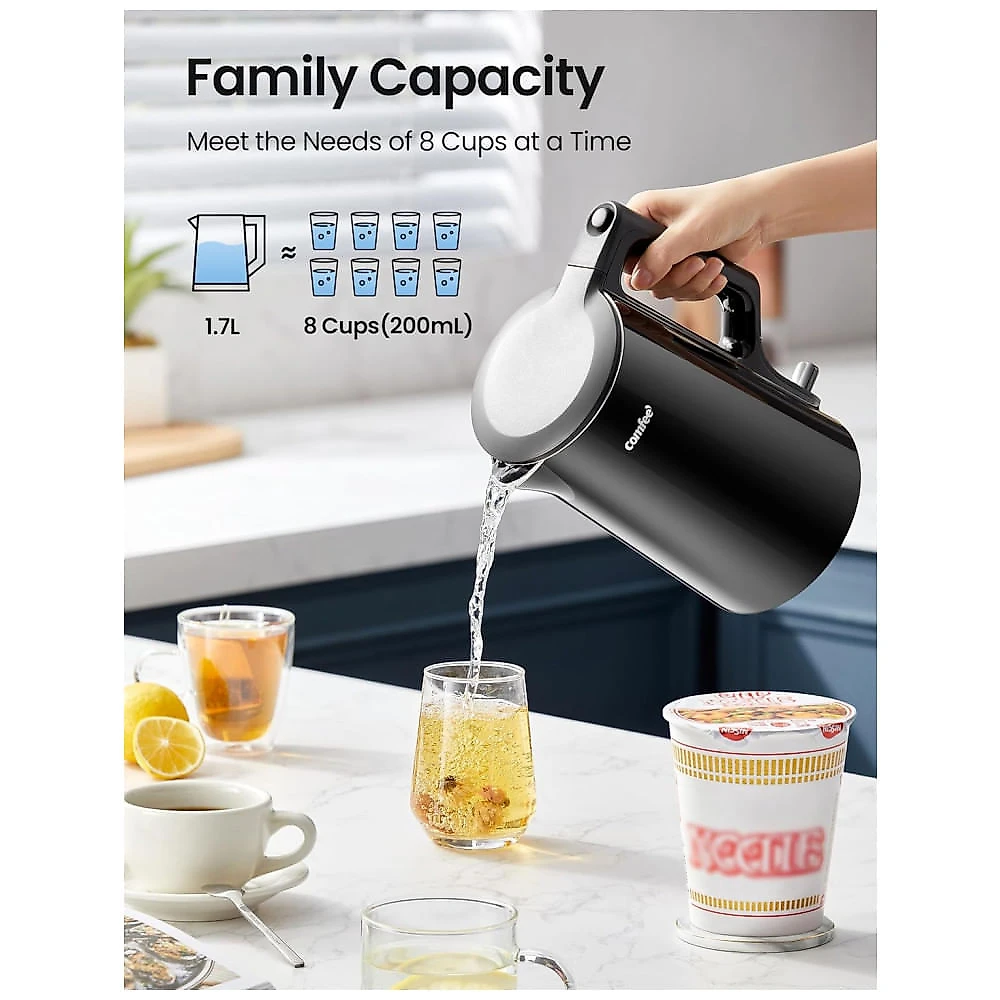 Chaleira Elétrica Dupla COMFEE 1,7L em Aço Inox 100%, 1500W - Fervura Rápida, Desligamento Automático - Design Dupla Camada