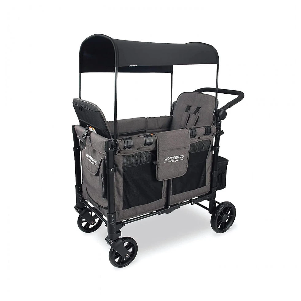 Carrinho de Passeio para 2 Crianças Multifuncional com Cobertura Removível e Dobramento, até 90 kg, WONDERFOLD W2, Preto