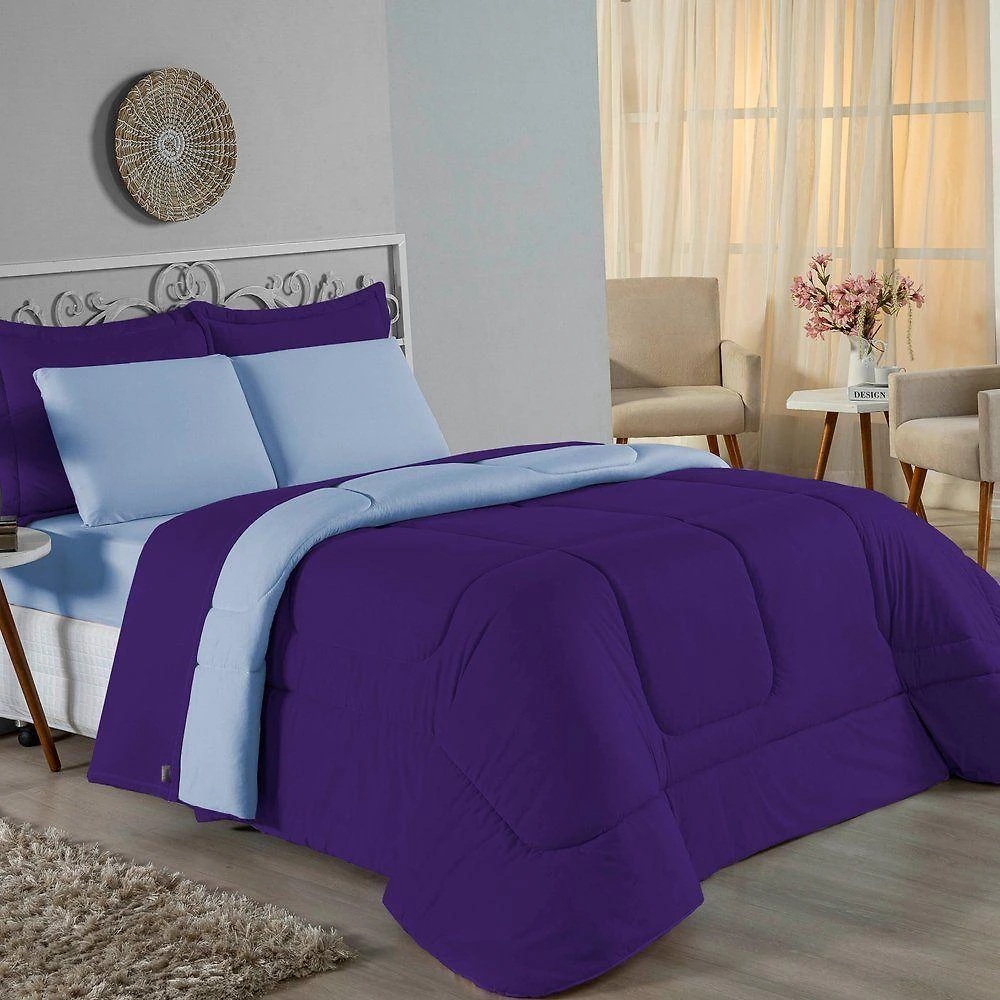 Kit Edredom Dupla Face + Jogo De Lençol Queen Nobre 6 Peças Malha 100% Algodão - Roxo / Azul-bebê