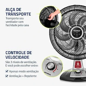 Ventilador de Mesa Mondial VTX-40-8P 40cm com Função Repelente Líquido - Preto 110V