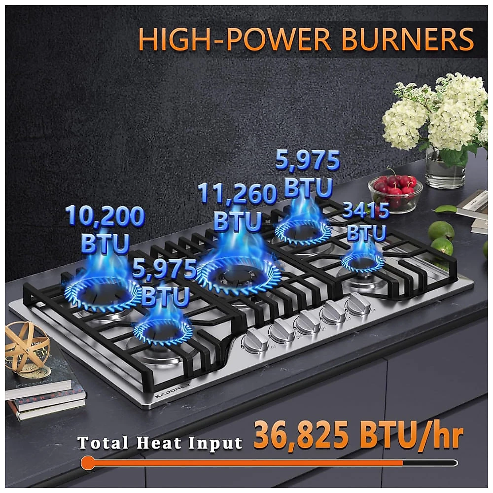 Cooktop a gás 5 bocas Kadorer inox escovado embutir conversível GN/GLP 110V