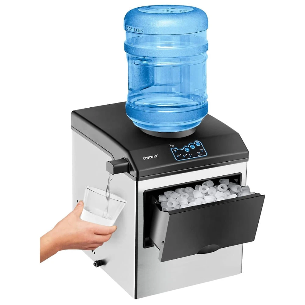 Máquina de Gelo que Produz 21 kg em 24H com Armazenamento de 2 kg e Dispensador de Água Gelada, 110V, COSTWAY, Prata e Preta