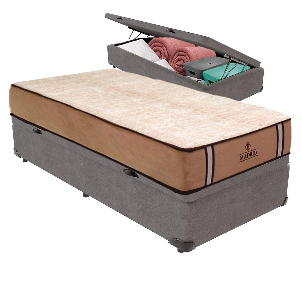 Cama Box com Baú Solteiro Bravus Pillow Top Molas Ensacadas Tecido Cinza Vtech