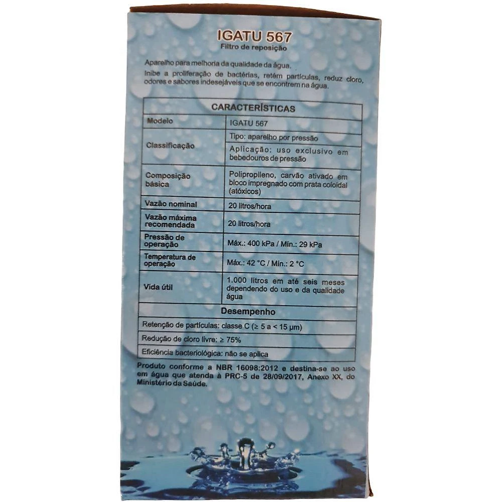 Refil de Filtro Interno Igatu 567 para Bebedouro de Pressão Até 20L Vazão 20L por Hora Branco