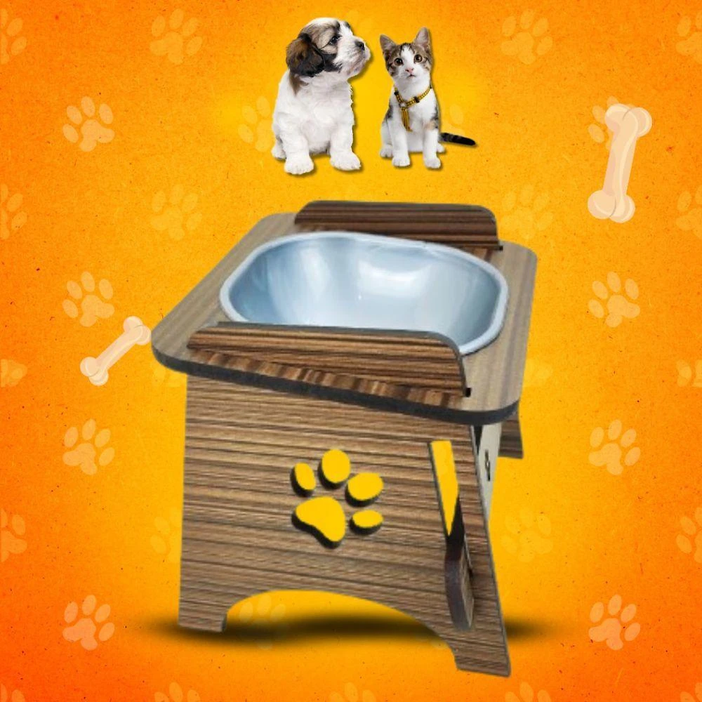 Comedouro Pet Suspenso OEM Unitário para Gato e Cachorro Tabaco em MDF 6mm com Tigela 250ml 1
