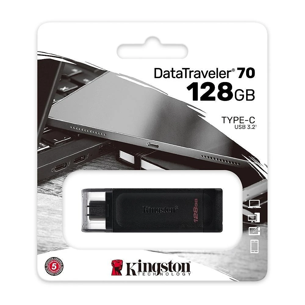 Pen Drive 128GB Kingston DataTravaler 70, USB-C 3.2, Preto - DT70/128GB