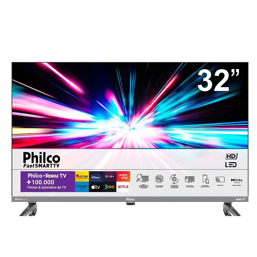 Smart tv led 32" philco ptv32k34rkgb roku tv, dolby audio e processador quad-core, hdmi, usb e wi-fi