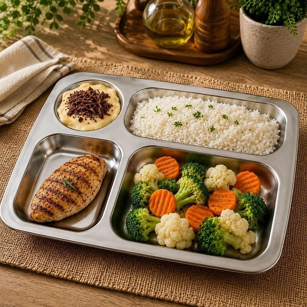Bandeja de Servir Bandeja Retangular Inox com 4 Compartimentos Aço Inox Fácil Limpeza