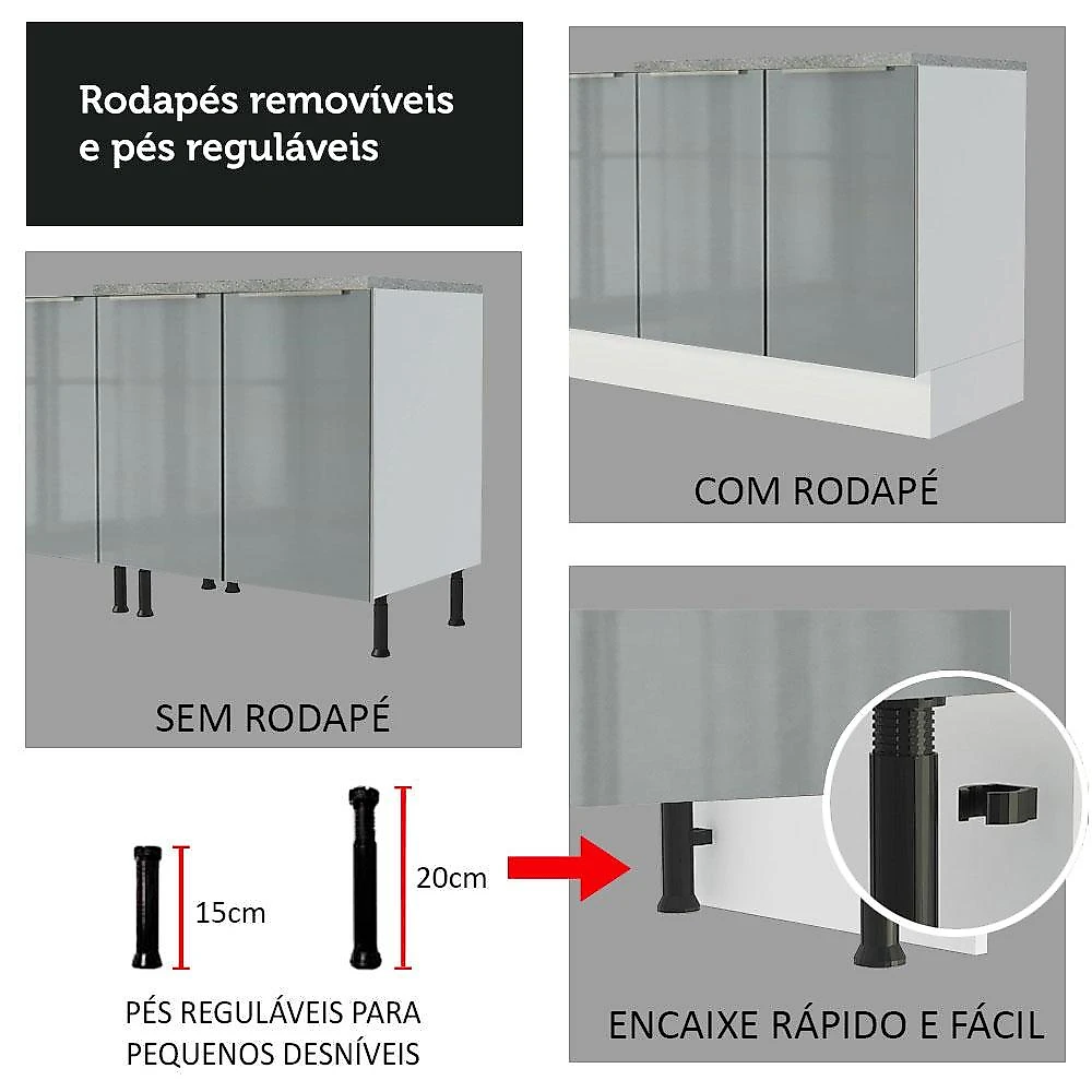 Armário de Cozinha Completa 240cm Branco/Cinza Lux Madesa 05 Branco/Cinza