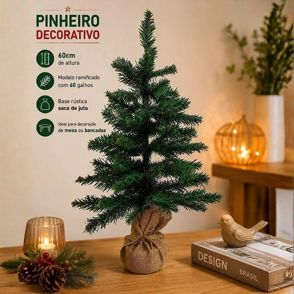 Pinheiro de Natal Luxo com 60 Galhos e Base em Saco de Juta Rústico Verde Bela Flor 60CM