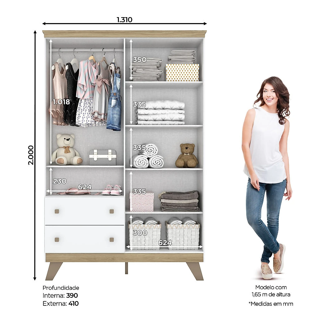 Guarda Roupa Infantil 4 Portas 2 Gavetas Confete Henn Branco com Jequitibá HP