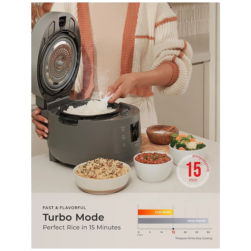 Panela Elétrica de Arroz com Pressão Cuckoo Cinza 6 Xícaras 12 Xícaras Cozidas 16 Modos 880 W 120 V