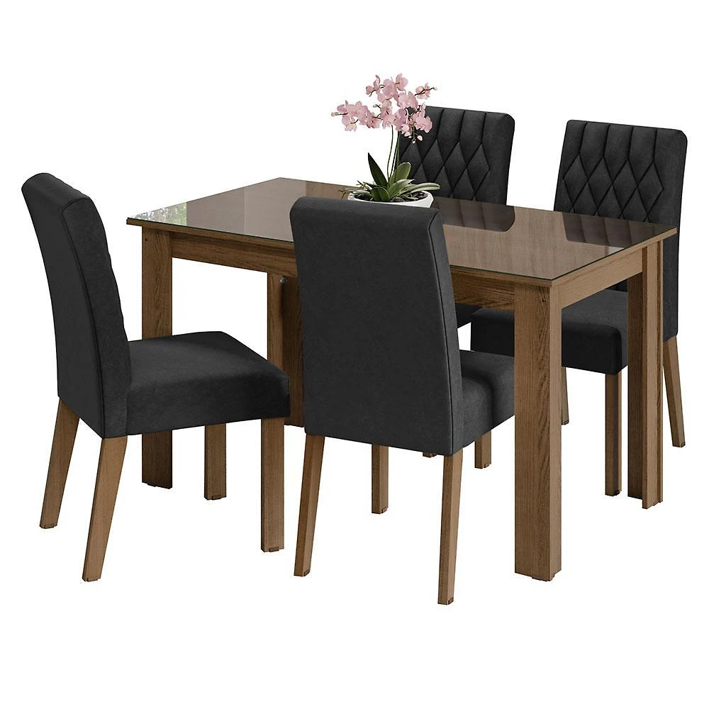 Conjunto sala de jantar mesa tampo de vidro 4 cadeiras rustic/oxford celina madesa
