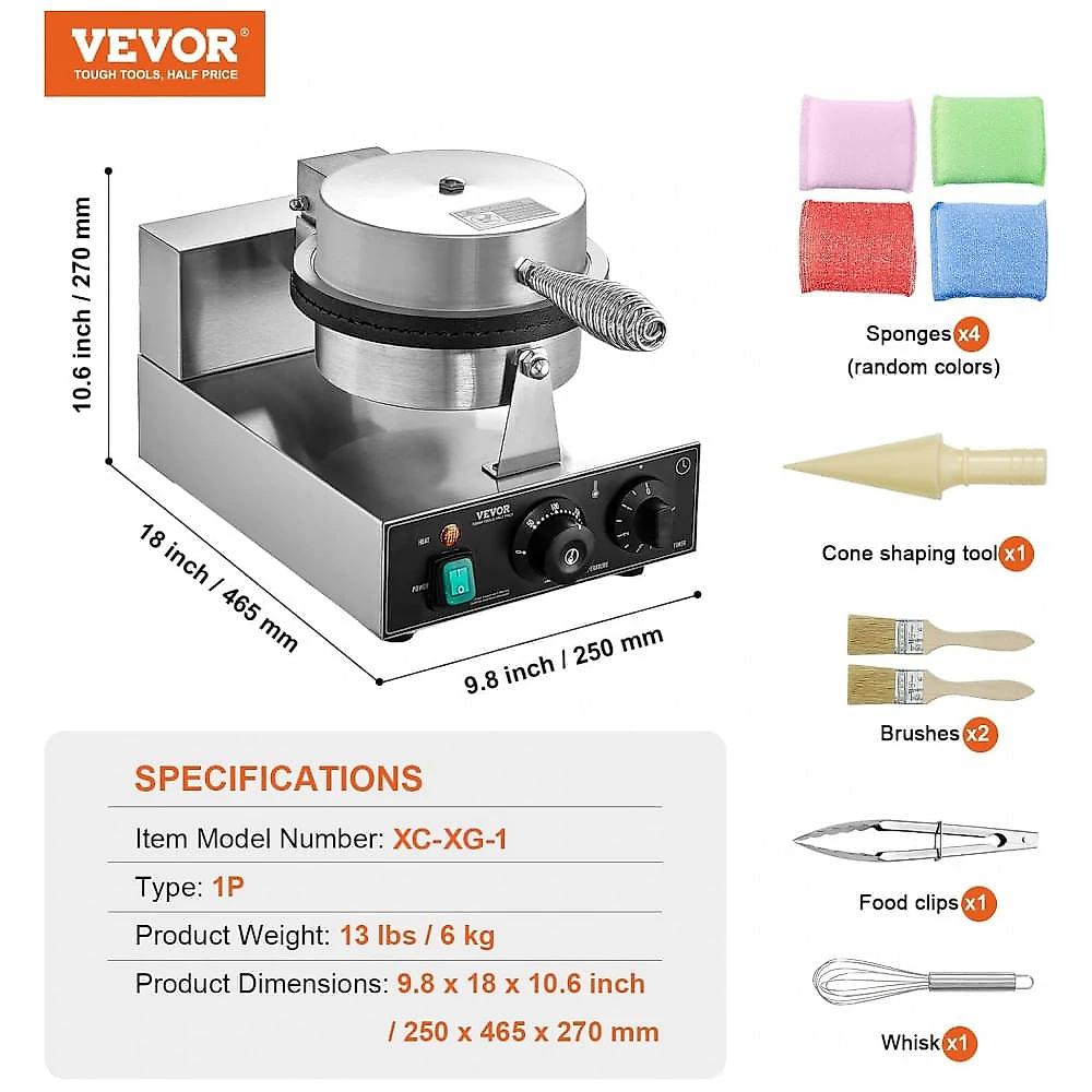 Máquina de Casquinha de Sorvete VEVOR 1230W Inox Antiaderente Controle de Temperatura 110V