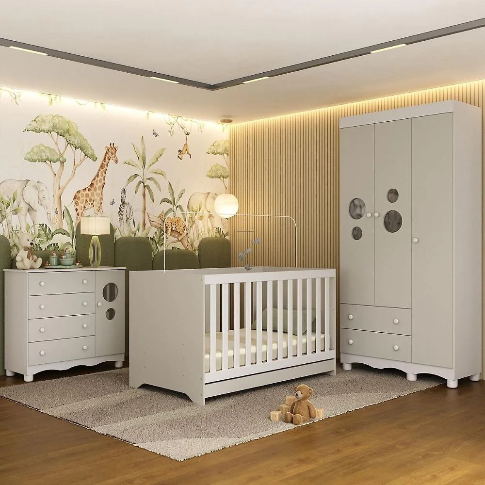 Quarto De Bebê Completo Com Berço Americano 3 Em 1 Suspiro Multimóveis MP4624 Branco-off White