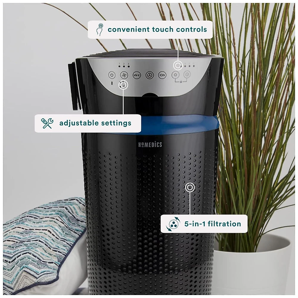 Purificador de Ar Homedics 5 em 1 com Filtro HEPA de 360° para 154m², Ideal para Ambientes Grandes, Aromaterapia e Temporizador