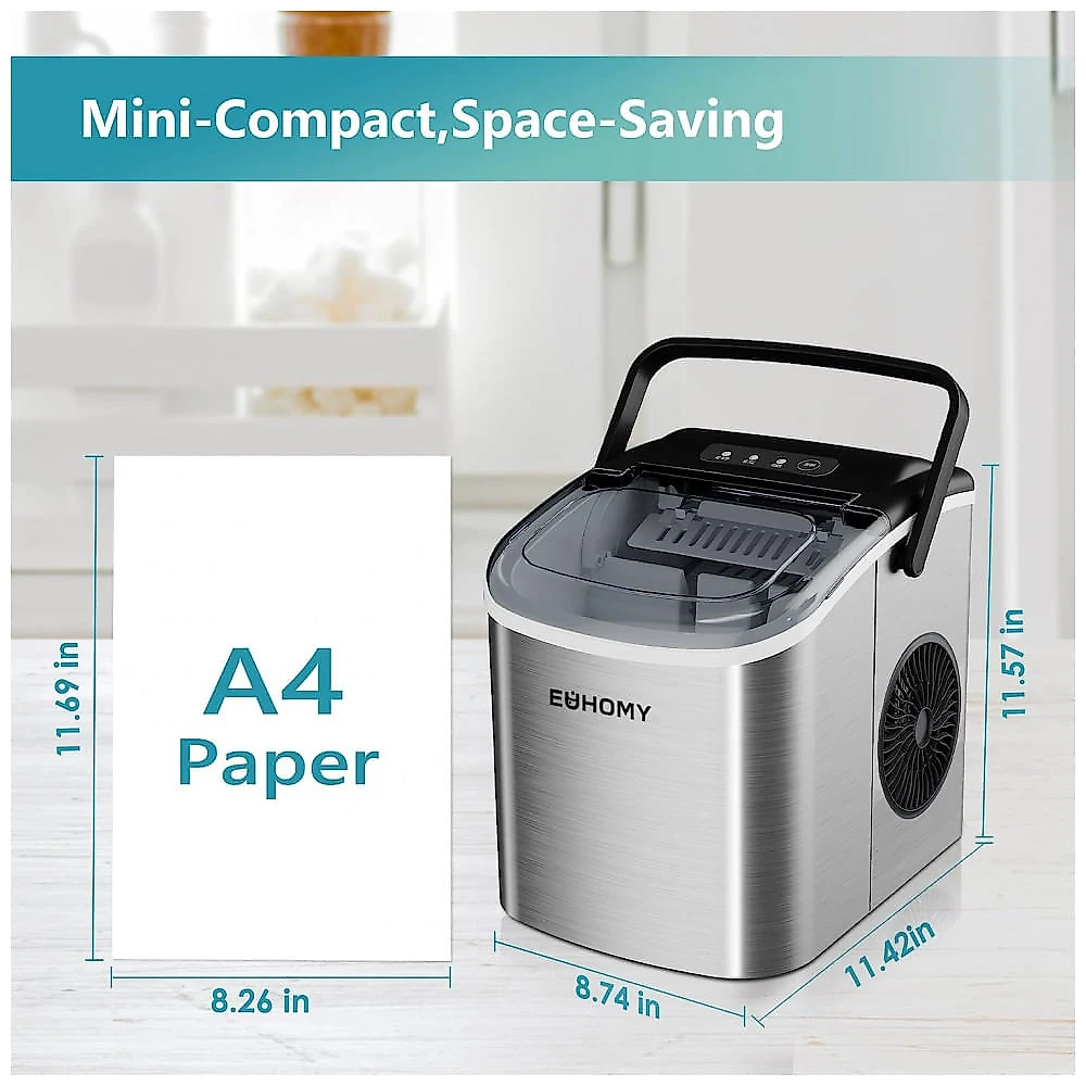 Máquina de Gelo até 11 kg em 24H Portátil com Limpeza Automática, 110V 170W, EUHOMY, Prata