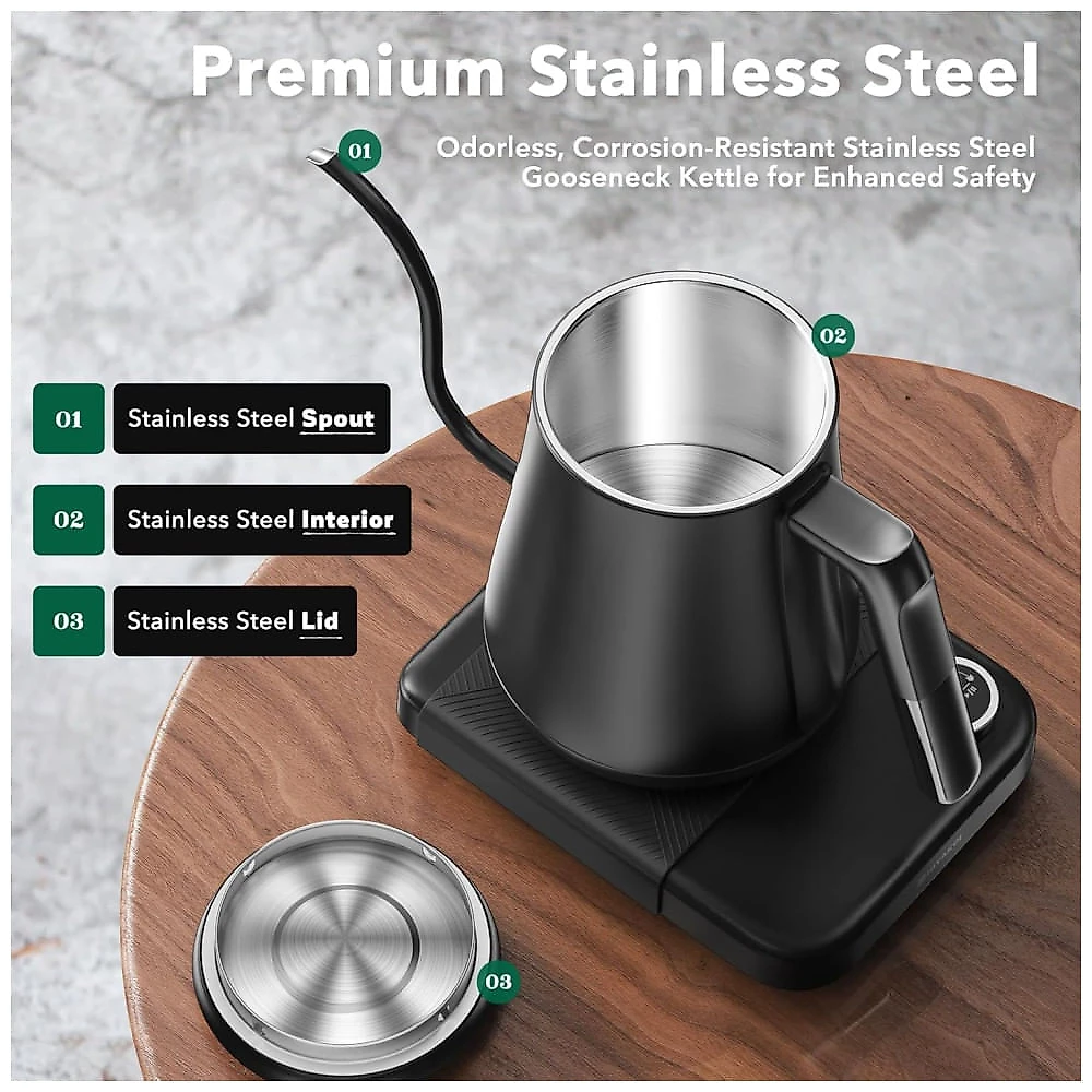Chaleira Elétrica HIYAKOI Gooseneck com Controle de Temperatura, Ideal para Café e Chá, Aquecimento Rápido de 1200W em Aço Inoxidável, 0,8L