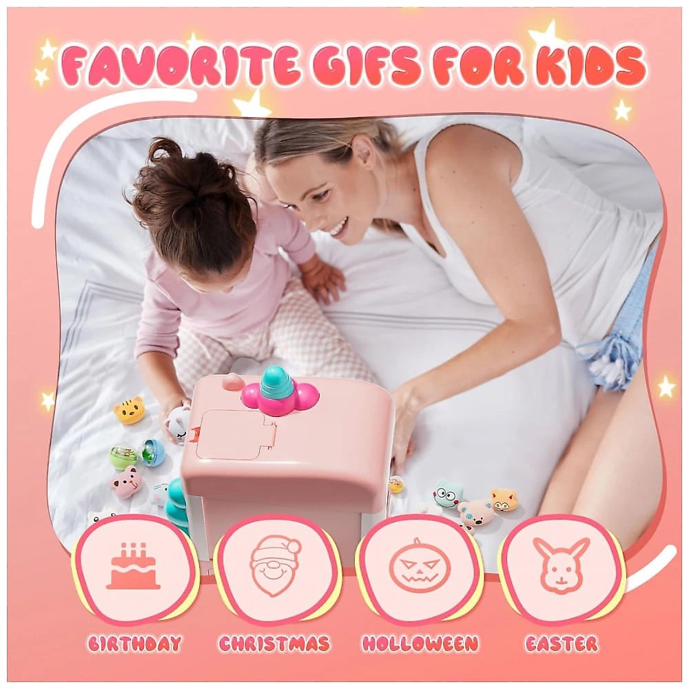 Máquina de Garra Unicórnios Skirfy Rosa e Lilás – Mini Arcade Infantil com 5 Unicórnios, 10 Acessórios “Donut”, 10 Brinquedos Cápsula e 20 Moedas