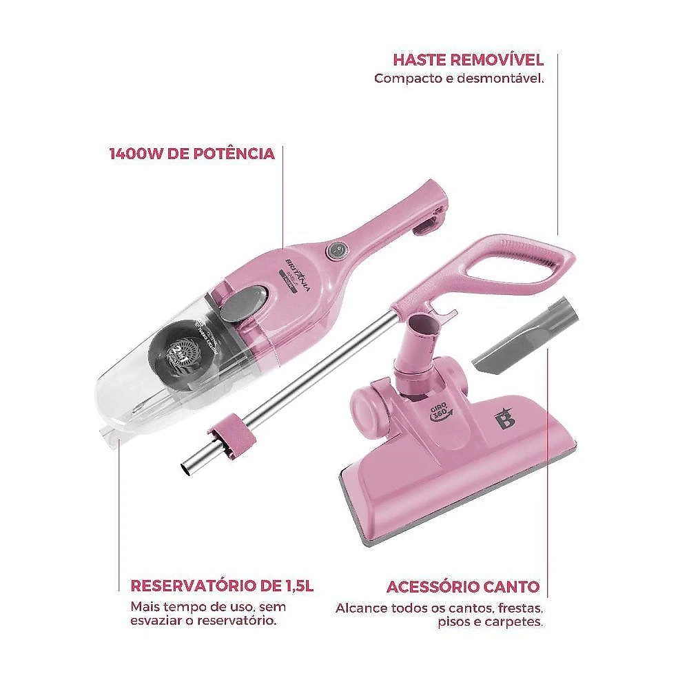 Aspirador de Pó Rosa Vertical Britânia 2 em 1 1400W BASE30 110V