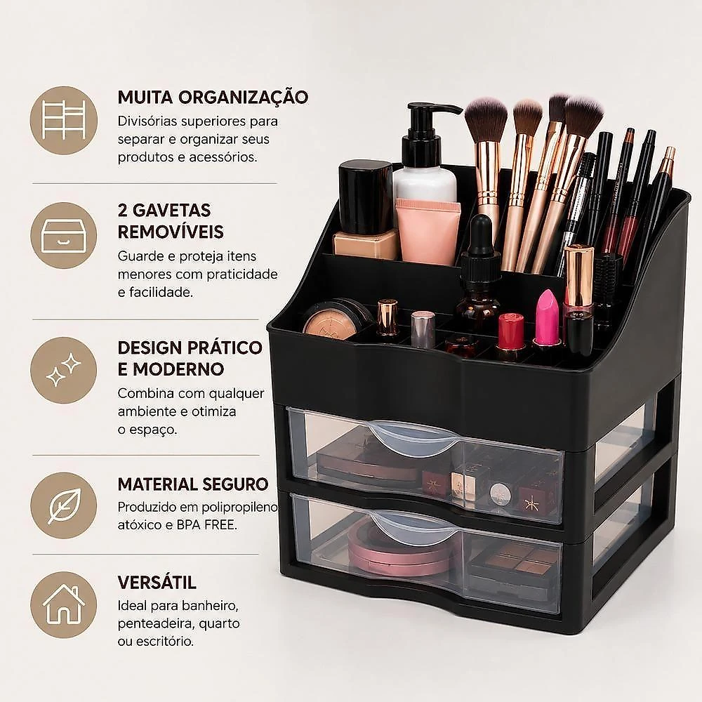 Organizador de Cosmético Porta Maquiagem Nitron com Divisórias e 2 Gavetas Removíveis