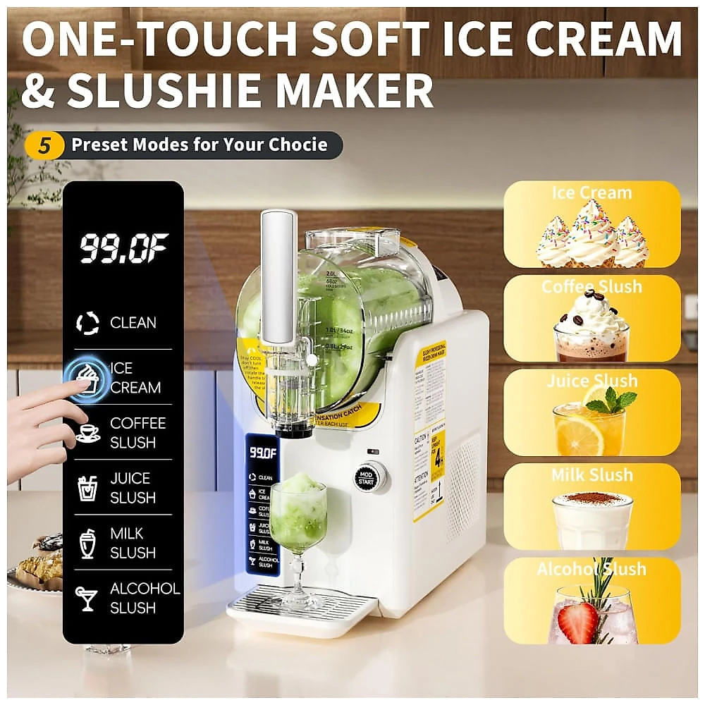 Máquina de Slush Raspadinha Baotree 2L Frozen 5 Programas Sem Gelo Auto Limpeza Branca