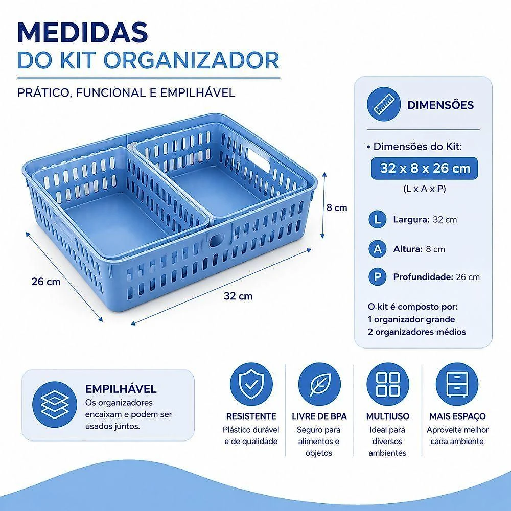 Cesto Organizador Kit 3 278 Multiuso Polipropileno Livre de BPA Modular para Gaveta Armario Cozinha