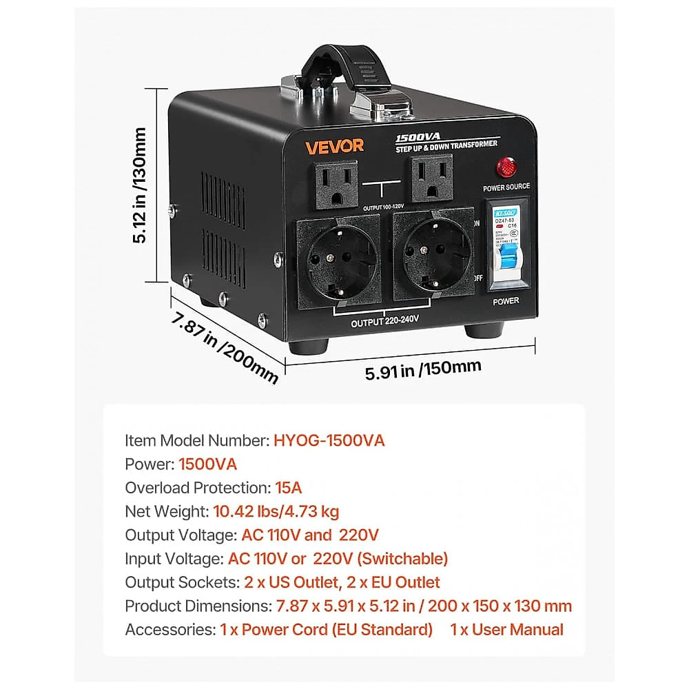 Conversor de Voltagem VEVOR 1500VA Elevação/Redução Pesado, 110V-220V, Tomadas EU/US, Proteção Disjuntor HYMG-1500VA
