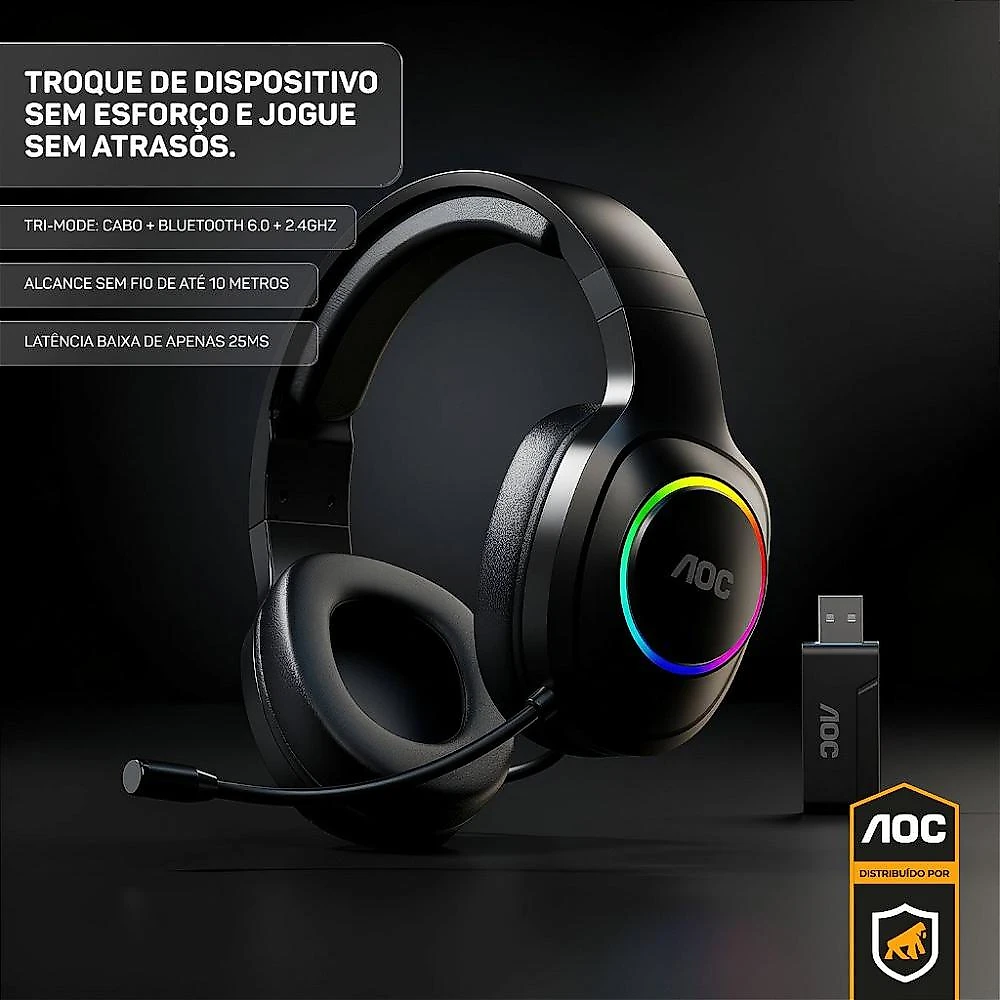 Headset Gamer Sem Fio 2.4G + Bluetooth - RGB, Microfone, Baixa Latência – Preto - AOC