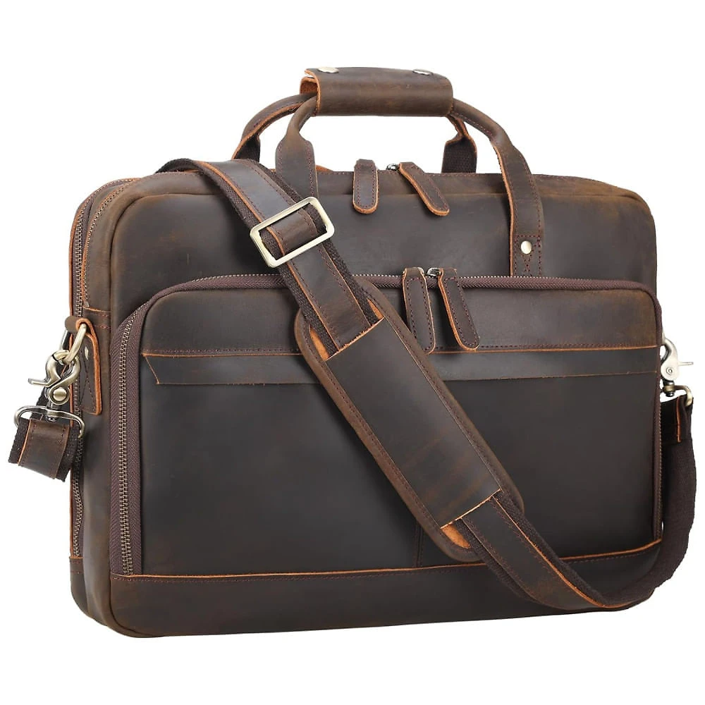 Bolsa Carteiro Masculina de Couro Grão Integral para Laptop com 15 Polegadas, Masa Kawa, Marrom Profundo