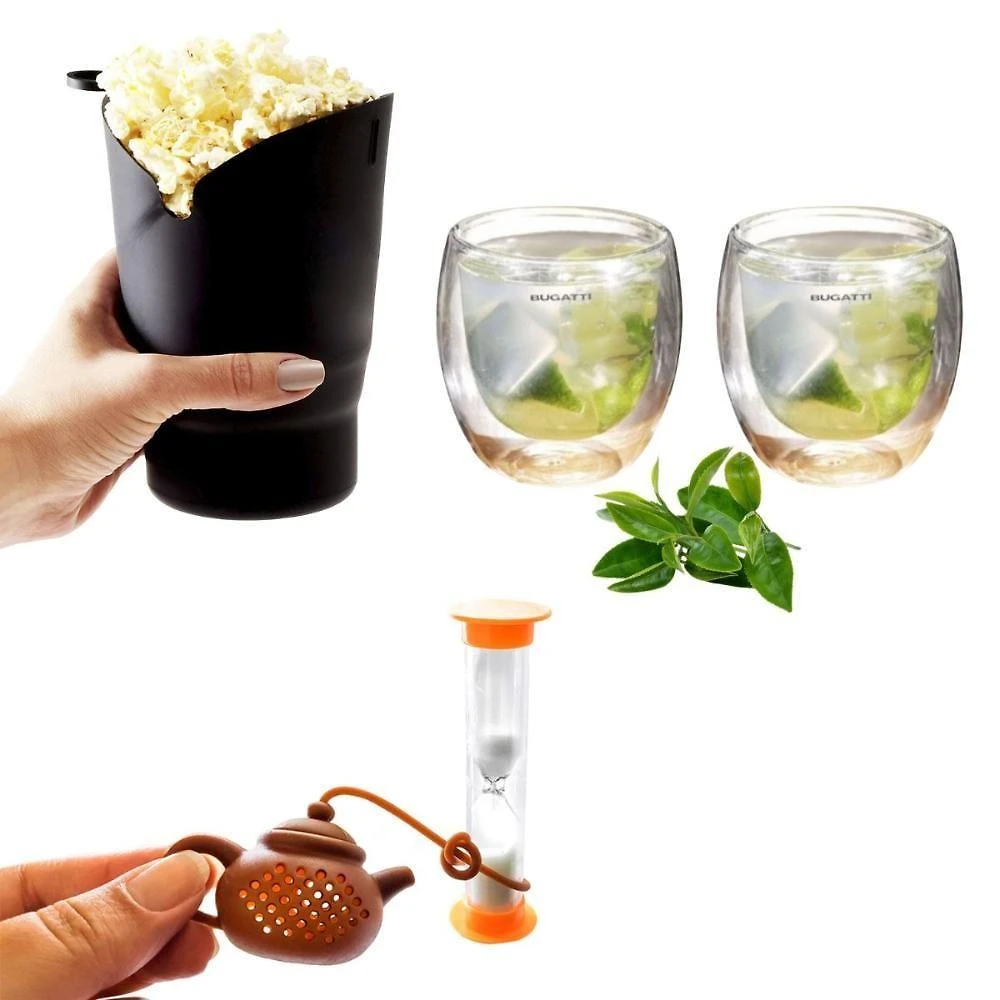 Kit para Cinema Pipoqueira Multiuso Copos Parede Dupla Infusor de Chá Silicone Vidro Preto Prana