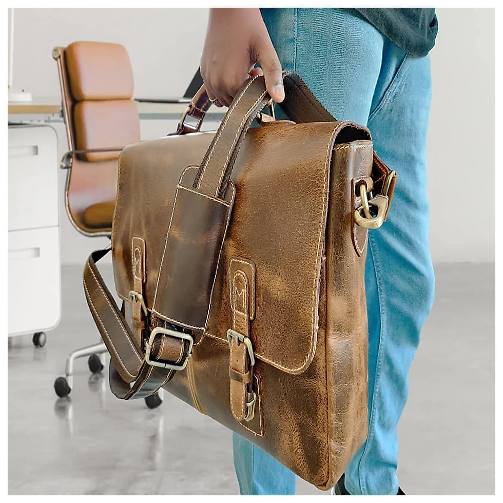Bolsa Maleta RUSTIC TOWN Couro de Búfalo Unissex para Laptop , Marrom